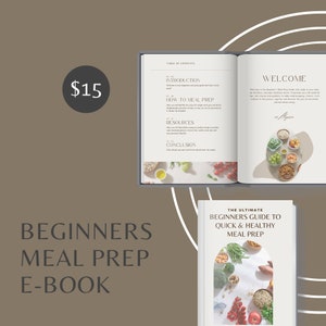 Op de afbeelding: Een digitale ebook-omslag met een groen, wit en rood kleurenschema. De omslag toont een foto van verse groenten en granen. De titel van het ebook is "De ultieme beginnersgids voor snelle en gezonde maaltijdvoorbereiding". De prijs van het ebook is € 15.
