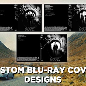 May include: A composite image showcasing custom Blu-ray cover designs. The designs feature iconic imagery from the James Bond film series, including silhouettes of actors and the 007 logo. The background includes a scenic landscape and the text "CUSTOM BLU-RAY COVER DESIGNS".