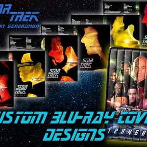 May include: Custom Blu-ray cover designs for Star Trek: The Next Generation. The covers feature a silhouette of a character's face against a colorful background. The text "STAR TREK" and "THE NEXT GENERATION" is visible on the top of the image. The numbers 1, 2, 3, 4, 5, 6, 7, and 8 are visible on the bottom of the image.