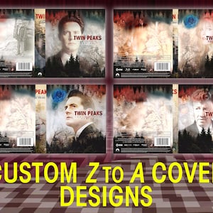May include: A set of six custom DVD covers for the TV series "Twin Peaks". The covers feature different images from the show, including a man in a suit, a forest, and a blue rose. The text "Twin Peaks" is featured on each cover.