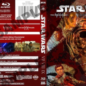 Puede incluir: Una caja de disco Blu-ray para la trilogía de secuela de Star Wars, que incluye las películas El despertar de la fuerza, Los últimos Jedi y El ascenso de Skywalker. La caja es roja con un collage de personajes de las películas, incluyendo a Rey, Finn, Kylo Ren y Poe Dameron.