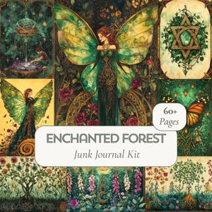 May include: A junk journal kit titled ENCHANTED FOREST with 60+ pages featuring illustrations of winged figures, butterflies, floral patterns, and a star symbol. The imagery includes deep greens, reds, and gold tones in a collage layout.