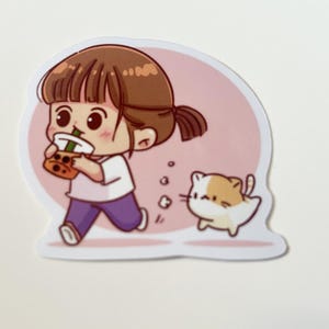 Girl With Coffee and Cat Vinyl Sticker