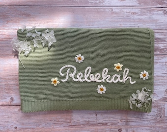 Hand Embroidered Personalized Baby Blanket, Soft Breathable Cotton Knitted Blanket, Newborn Gift, Baby Shower Gift, Blanket Custom Name