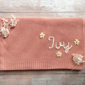 Personalized Baby Knit Blanket, Custom Hand Embroidered, Soft Breathable Cotton Knitted Blanket, Blanket Newborn Gifts, Baby Shower Gift image 5