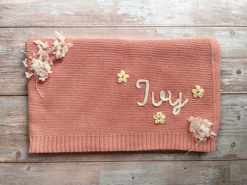 Personalized Baby Knit Blanket, Custom Hand Embroidered, Soft Breathable Cotton Knitted Blanket, Blanket Newborn Gifts, Baby Shower Gift image 5