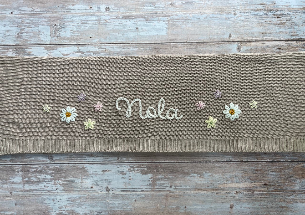 Baby Knit Blanket with Custom Embroidery, Soft Cotton, Newborn Gift, Baby Shower Present