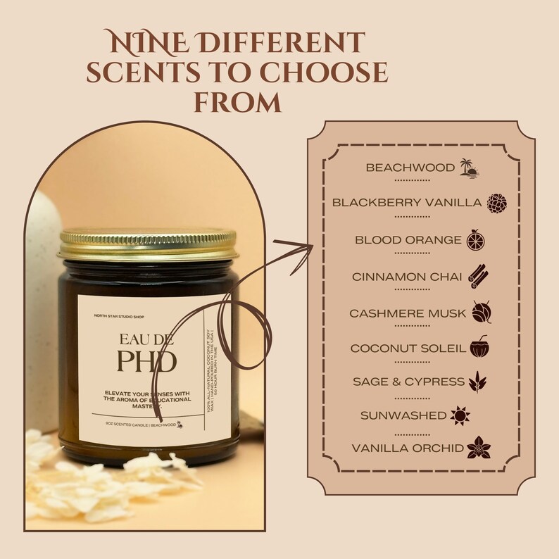 PHD Candle candle in amber glass jar with gold lid on styled with dried flowers and leaves with nine scent variations listed