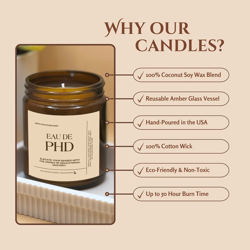 PHD Candle candle in amber glass jar with cotton wick on decorative tray with feature call outs