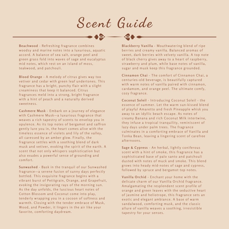 PHD Candle candle scent guide