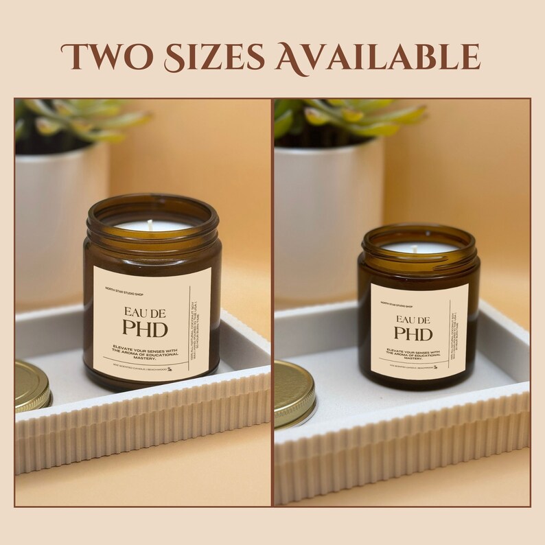 PHD Candle candle in amber glass jar 9 ounce and 4 ounce size variations with cotton wick on decorative tray side by side