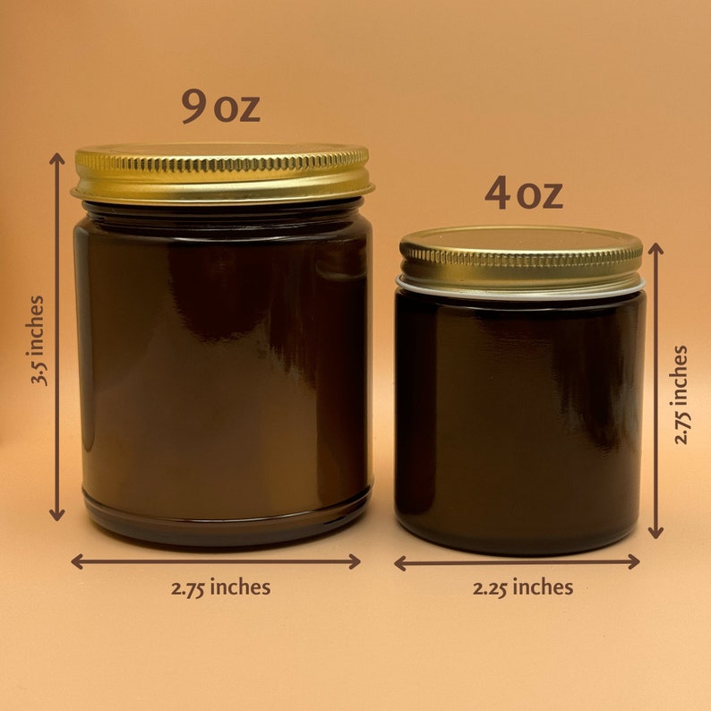 PHD Candle candle 4 ounce and 9 ounce amber candle jar in glass vessel size variation size comparison dimensions with lid on