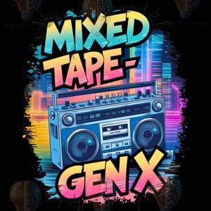 Gráfico de caixa de som retrô Gen X Mixed Tape Boom para nostalgia dos anos 80