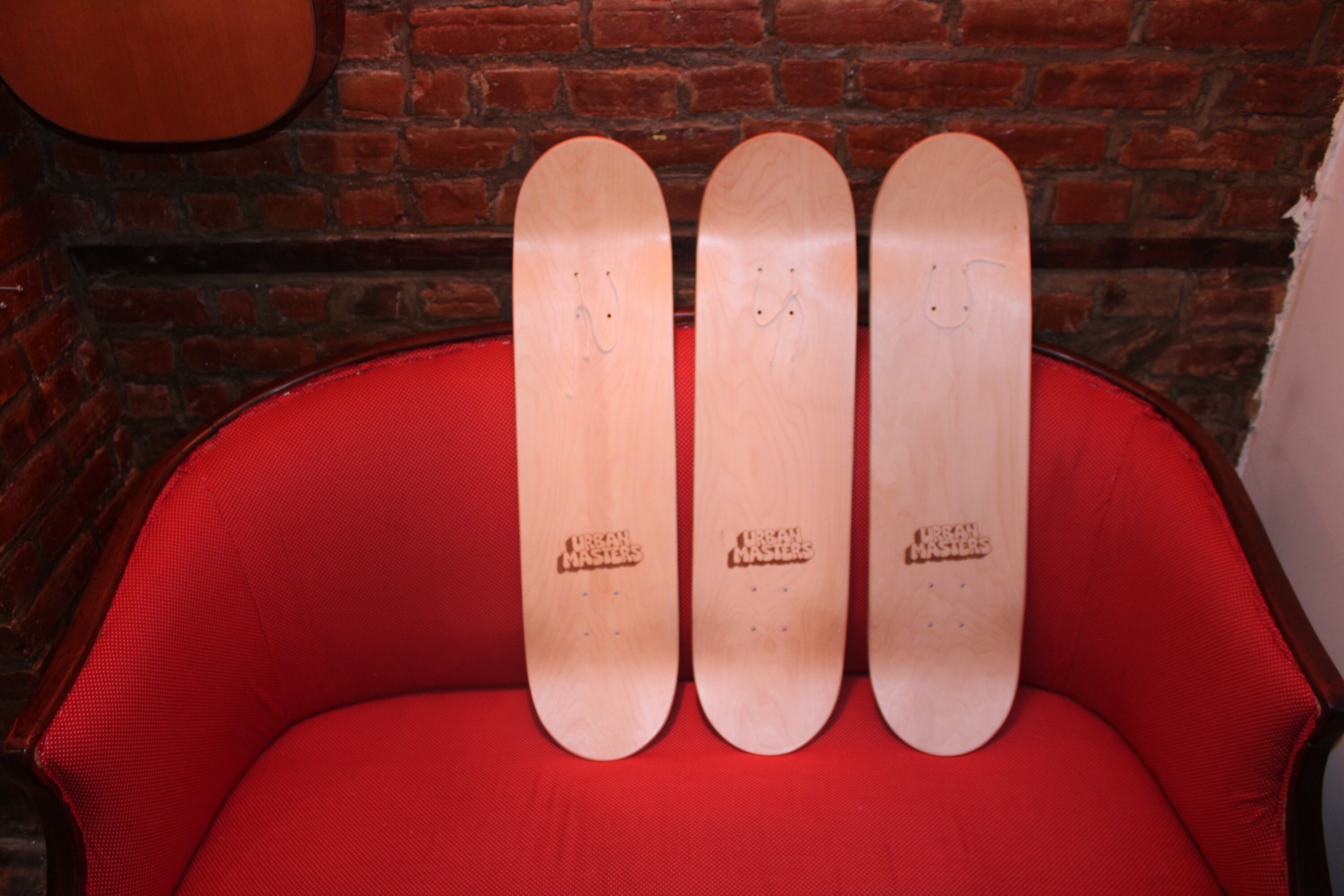 Three panel skateboard triptych wall art horizontal display in modern interior