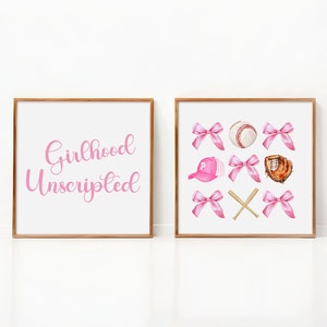 Girlhood Unscripted Wall Art Set, Girls Room Art Print, Baseball Girl Room Decor, Download & Print Art, Playroom Wall Art, Coquette Bow Art