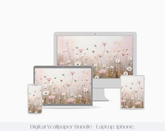 Wildblumenfeld Neutral Impasto Digital Wallpaper, IPhone IPad Laptop Desktop Hintergrund & Hintergrund, Zart Rosa Weiß Digital Wallpaper