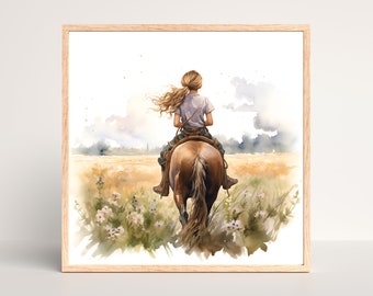 May include: A watercolor painting of a person riding a brown horse through a field of wildflowers. The person is wearing a light blue shirt and brown pants. The horse is running towards the horizon.