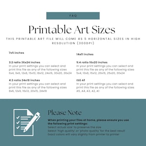May include: Printable art sizes chart with different aspect ratios and dimensions, including 7x5 inches, 3:2 ratio 36x24 inches, 4:3 ratio 24x18 inches, 14x11 inches, 5:4 ratio 16x20 inches, and ISO A1. The chart also includes a note about printing settings for home printers.