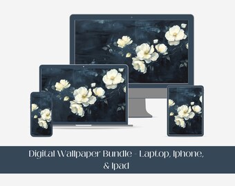 Lentebloemen digitaal behang, IPhone IPad Laptop Wallpaper achtergrond, donkere achtergrond digitaal behang, Moody Floral Device Wallpaper