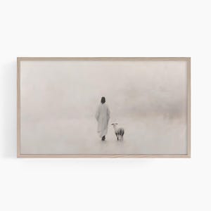 May include: A painting of a person in a white robe walking with a white sheep in a foggy landscape.