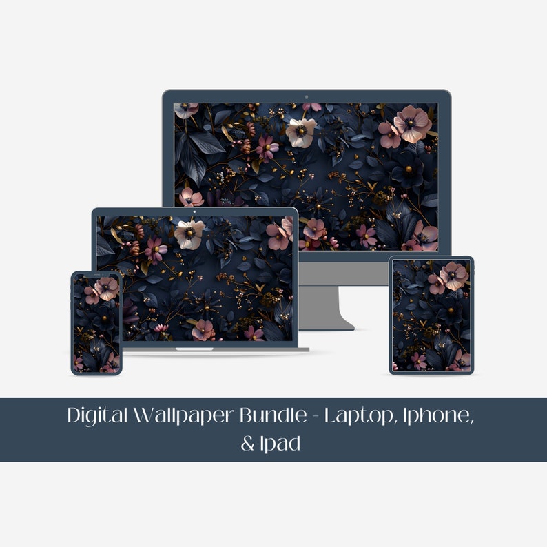 May include: A digital wallpaper bundle featuring a dark blue background with pink and gold flowers. The bundle includes wallpapers for a desktop computer, laptop, iPhone, and iPad.
