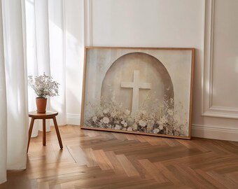 Aquarel Pasen kruis kunst aan de muur, het is klaar religieuze paaskunst aan de muur afdrukbare, bloemen kruis christelijke schilderij afdrukbare, S186