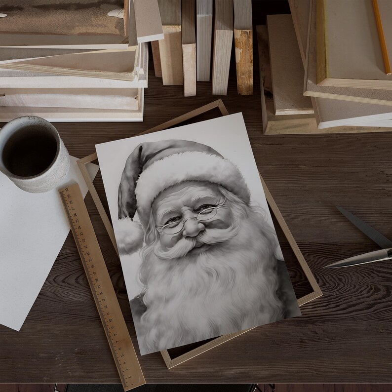 May include: Black and white illustration of Santa Claus wearing a hat and glasses. The artwork is framed and rests on a wooden surface, alongside a ruler, scissors, and a ceramic mug. The image evokes a festive holiday theme.