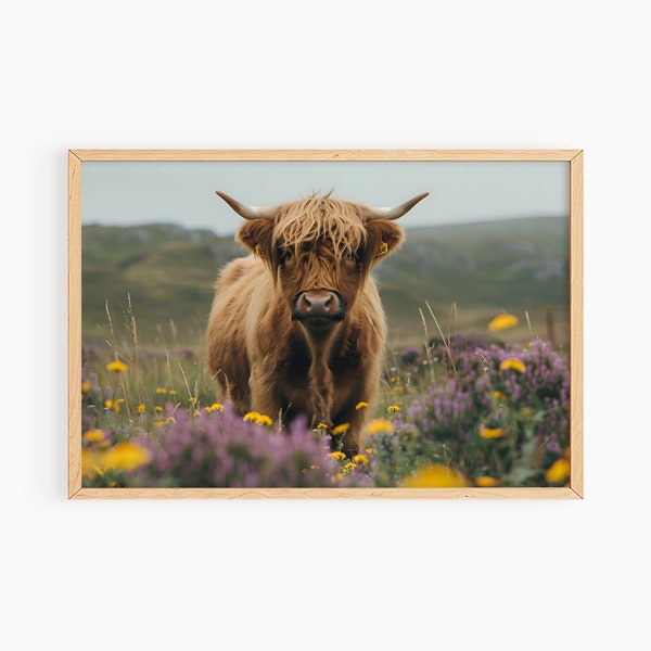 Highland Cow Wall Art Print, Large Scale 36"x24" Farmhouse Art Printable, Spring Farmhouse Decor, Spring Flowers Highland Cow Wall Art, S046