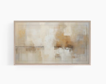May include: Abstract painting in shades of beige, brown, and white. The painting is framed in a light wood frame.