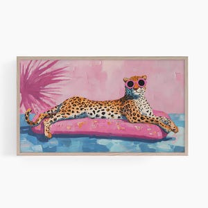 Vintage rosa Geparden-Rahmen TV-Kunst, Retro-Cheetah Lounge Samsung TV-Kunst, lustiges Wanddekor am Pool, Sommer-Chic Digital T957