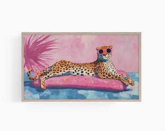 Vintage Pink Cheetah Frame TV Art, Retro Cheetah Lounge Samsung TV Art, Funny Poolside Wall Decor, Summer Chic Digital T957