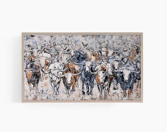 Samsung Frame TV Art Abstract Cattle, Cattle Herd Tv Art, Southwest Oil Painting, Rustic Scenery Frame Tv Art, Abstract Hisense Tv Art, T956