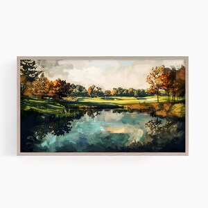May include: A painting of a golf course with a pond in the foreground. The trees are in autumn colors, with shades of orange, red, and yellow. The sky is a light blue with white clouds.