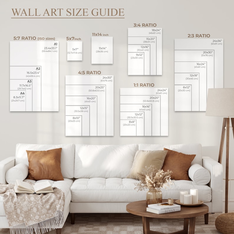 May include: A wall art size guide displays various rectangular canvas sizes in inches and centimeters, including 5x7, 8x10, 11x14, 16x20, and 24x30. The guide is labeled with ratios such as 5:7, 4:5, 3:4, 2:3, and 1:1, and includes ISO sizes A1, A2, A3, and A4.