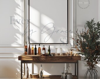 Bar cart mockup, vertical thin black photo frame mockup, photoshop template for art print poster display, 9x12 wall art mockup, m045