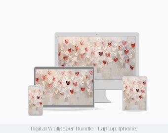 Red and White Hearts Impasto Style Digital Wallpaper, IPhone IPad Laptop Desktop Wallpaper & Background, Valentine&#39;s Day Digital Wallpaper