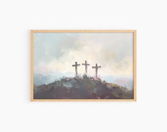 Cruces en la colina arte de la pared imprimible, arte de la pared cristiana, arte de Jesús, regalos cristianos impresión de arte digital minimalista, arte de la pared de Pascua imprimible