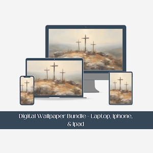 Könnte beinhalten: Ein digitales Tapetenpaket mit drei Holzkreuzen auf einem Hügel vor einem nebeligen Hintergrund. Das Paket enthält Bilder für Laptop, iPhone und iPad.