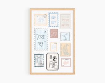 Coastal Stamps Print Vintage Summer Beach Wall Art Stamp Print Retro Travel Wall Art Poster for Coastal Decor Digital Download S269