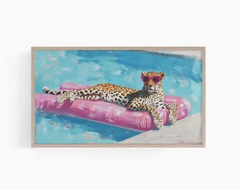 Vintage Palm Springs Frame TV Art, Retro Cheetah Lounge Samsung TV Art, Funny Poolside Wall Decor, Summer Chic Digital T954