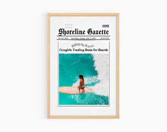 Coastal Cowgirl Print Newspaper Cover Wall Art, Preppy Coastal Art Surf Wall Art, Trendy Surfer Girl Newspaper Print, S057