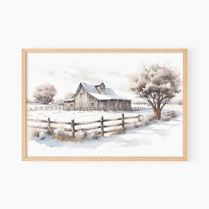 Rustic Winter Barn Watercolor Painting, Vintage Barn Wall Art Print, Country Barn Painting, Farmhouse Wall Art Print, PRINTABLE DOWNLOAD