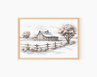 Rustic Winter Barn Watercolor Painting, Vintage Barn Wall Art Print, Country Barn Painting, Farmhouse Wall Art Print, PRINTABLE DOWNLOAD