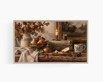 Fall Frame TV Art, Vintage Autumn Still Life, Pear Painting, English Country Kitchen Art, Cozy Samsung Frame TV Art T968