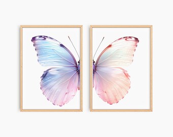 Preppy Wall Art Split Butterfly Pink, Split Butterfly Wall Art Set, Pastel Wall Art Baby Girl Nursery, Aesthetic Art Coquette Decor, S051