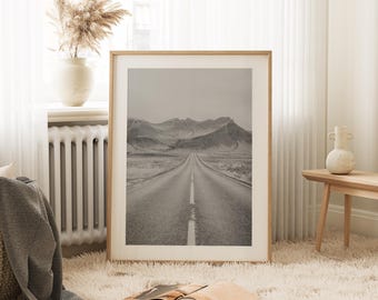 Desert Road Wall Art, Instant Download, Black & White Photography, Wall Art, Travel Poster, Open Road Art Print, Neutral Landscape Art, S173