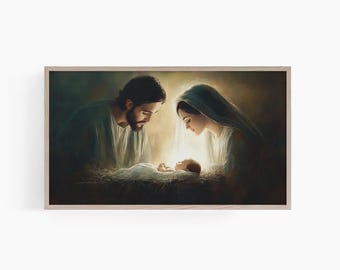 May include: A painting depicting a traditional nativity scene with Joseph, Mary, and the baby Jesus. The painting is done in a realistic style with soft lighting and warm colors.