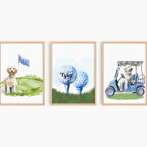 Puppy Golf Wall Art, Nursery Golf Wall Art, Kids Room Golf Digital Download, Blue Puppy Art, White Goldendoodle Golf Art, S200
