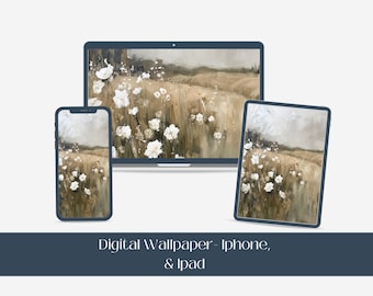 Spring Wildflowers Watercolor Digital Wallpaper, IPhone IPad Wallpaper Background, Neutral Digital Wallpaper, Vintage Floral Screensaver