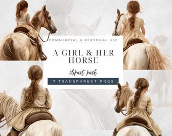 Horse and girl clipart, horse girl clipart bundle, cowgirl clipart png, little girl riding horse clipart, young girl and horse clipart, c001